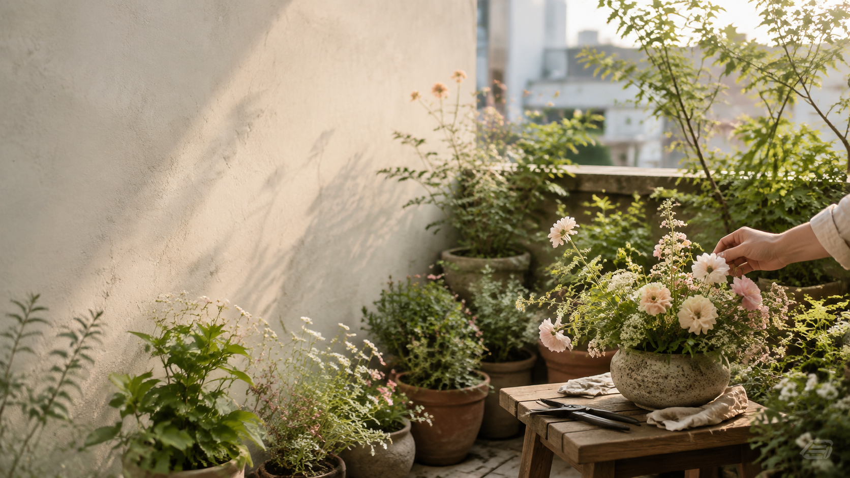 陽だまりのテラスで、季節の草花を器に生けながら小さな庭を整える手元